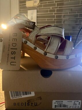 BED|STU Cream Leather Studded Wood-Platform Sandals